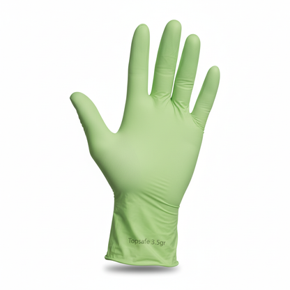Guante de nitrilo verde Topsafe individual sobre fondo blanco