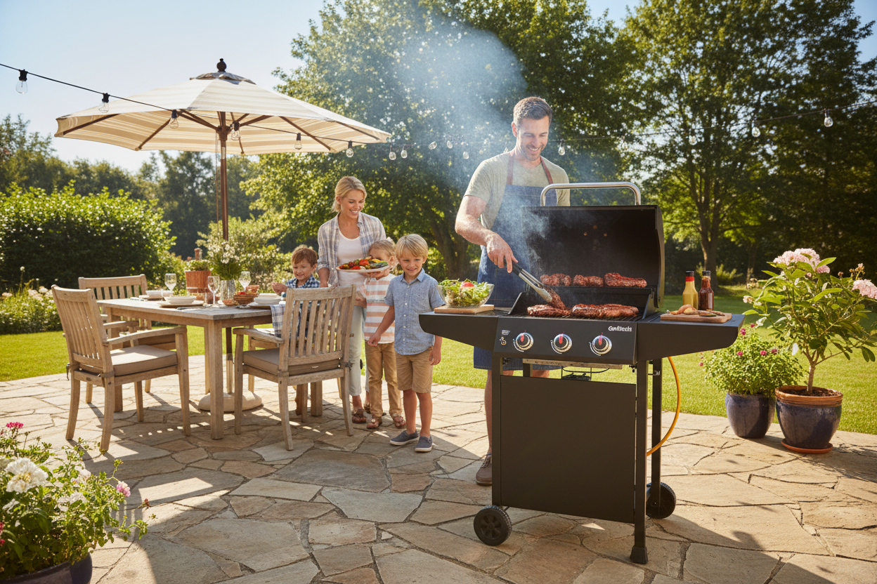Parrilla a Gas Grilltech 2 Quemadores en uso exterior patio familiar