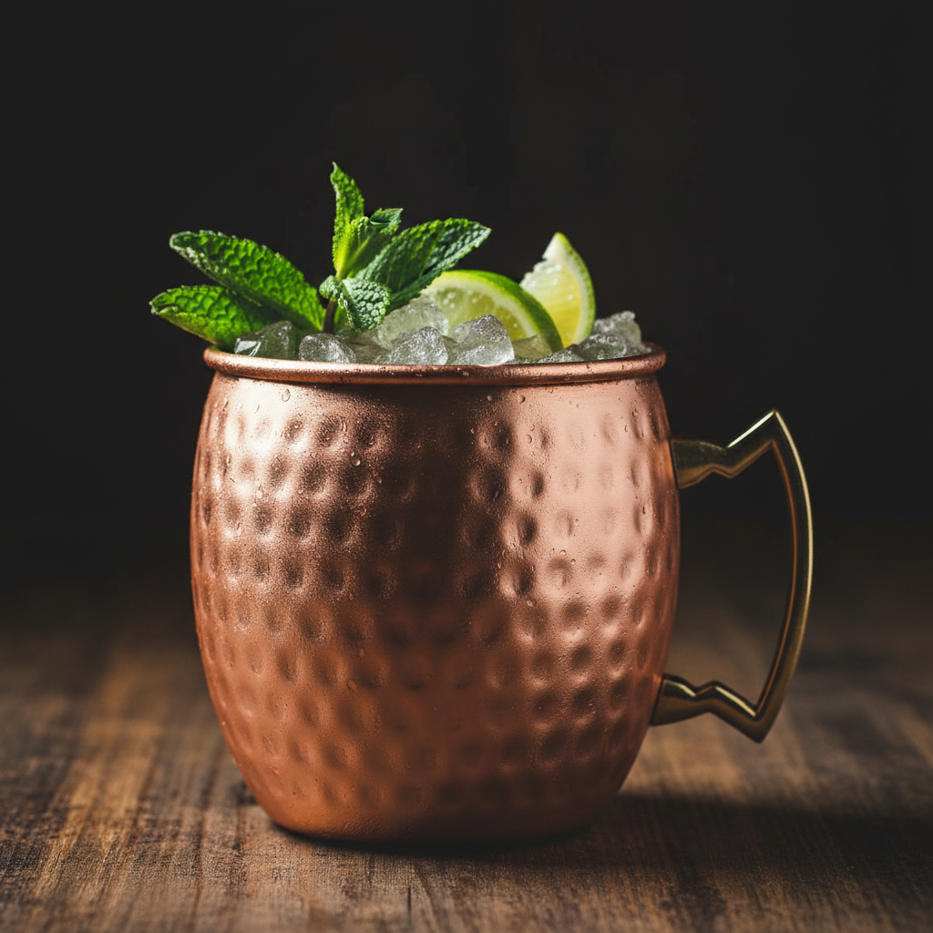 Mug de cobre premium con Moscow Mule limón y menta