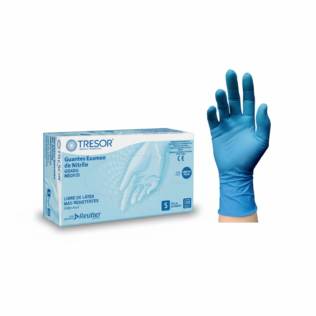 Detalle de guante de nitrilo azul Tresor y caja de presentación