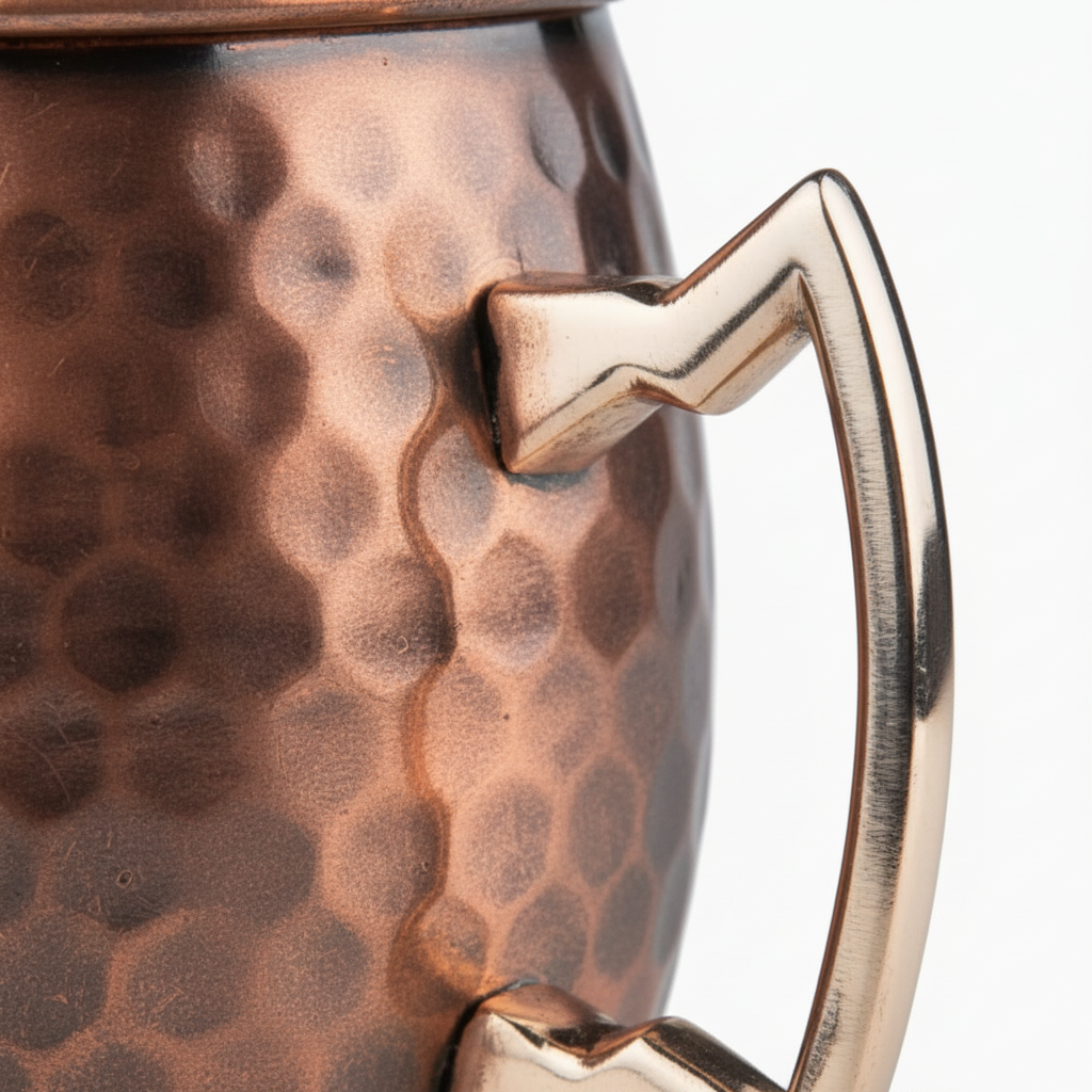 Detalle textura martillada y asa de acero inoxidable mug cobre premium