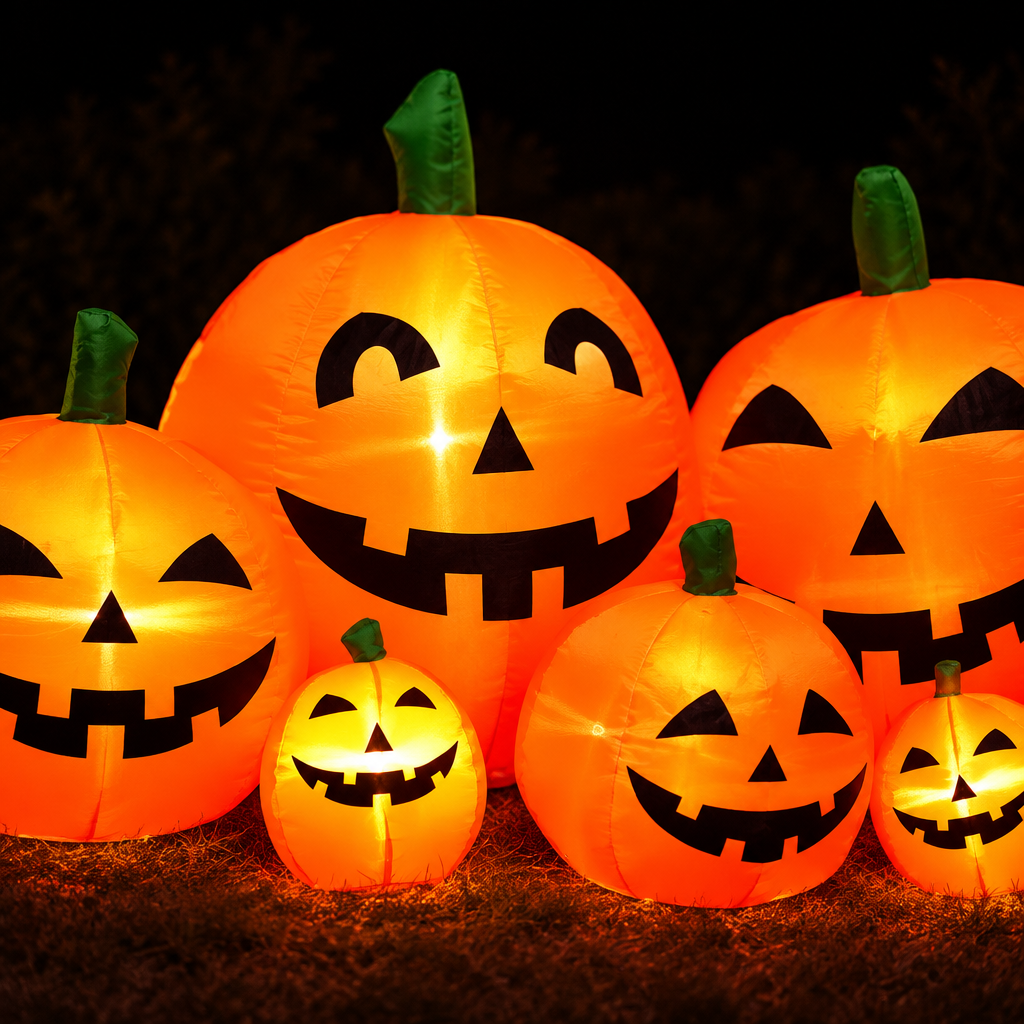 Detalle de caras de calabaza iluminadas con luz LED