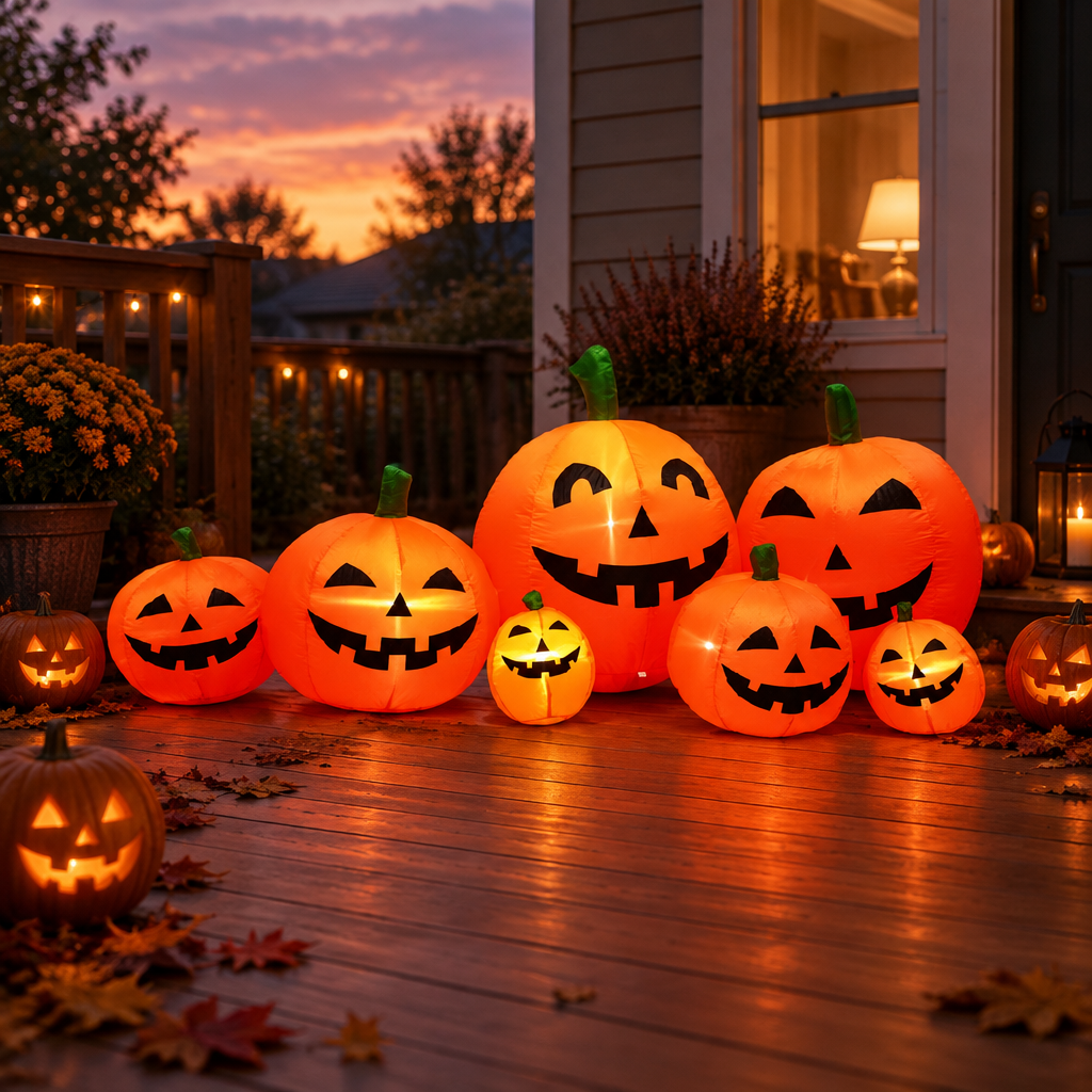 Inflable Halloween calabazas en terraza al atardecer
