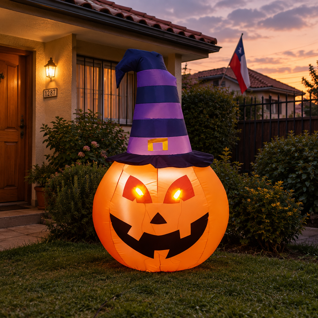 Inflable Halloween calabaza 180 cm en antejardín al atardecer