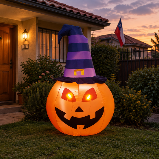 Inflable Halloween calabaza 180 cm en antejardín al atardecer