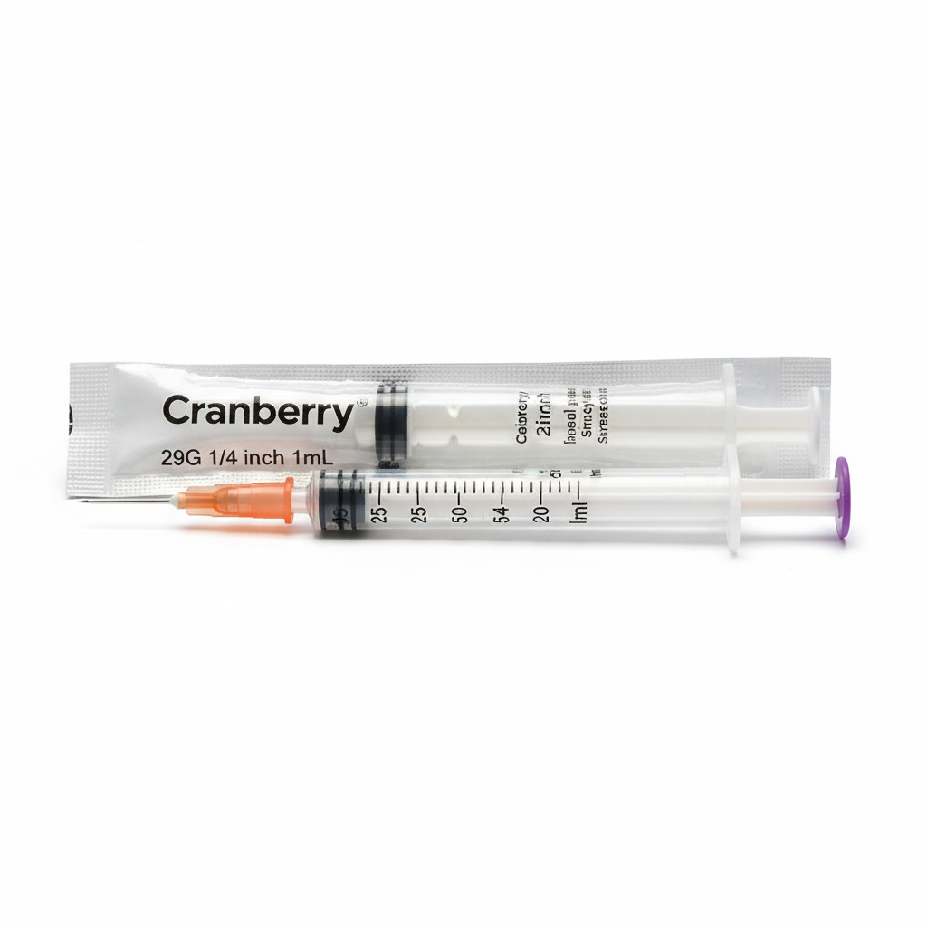 Jeringa desechable para insulina Cranberry 29G 1/4 pulgada 1mL vista frontal fondo blanco