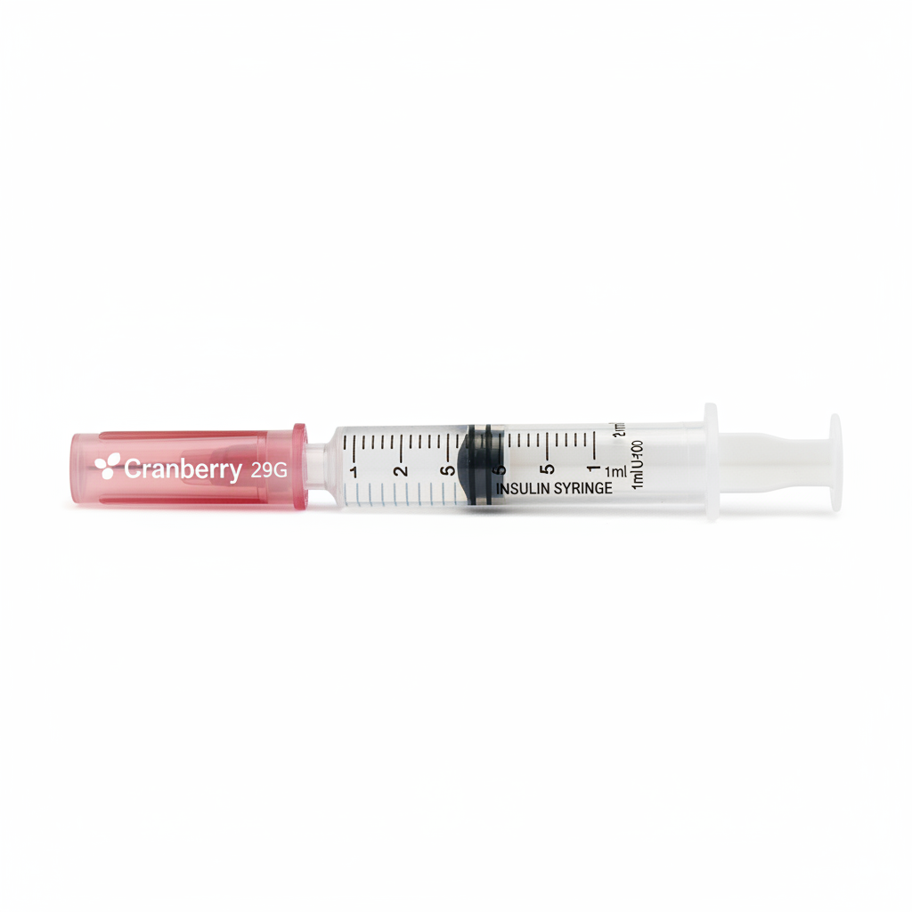 Jeringa insulina Cranberry 29G 1mL vista lateral con escala de medición y émbolo